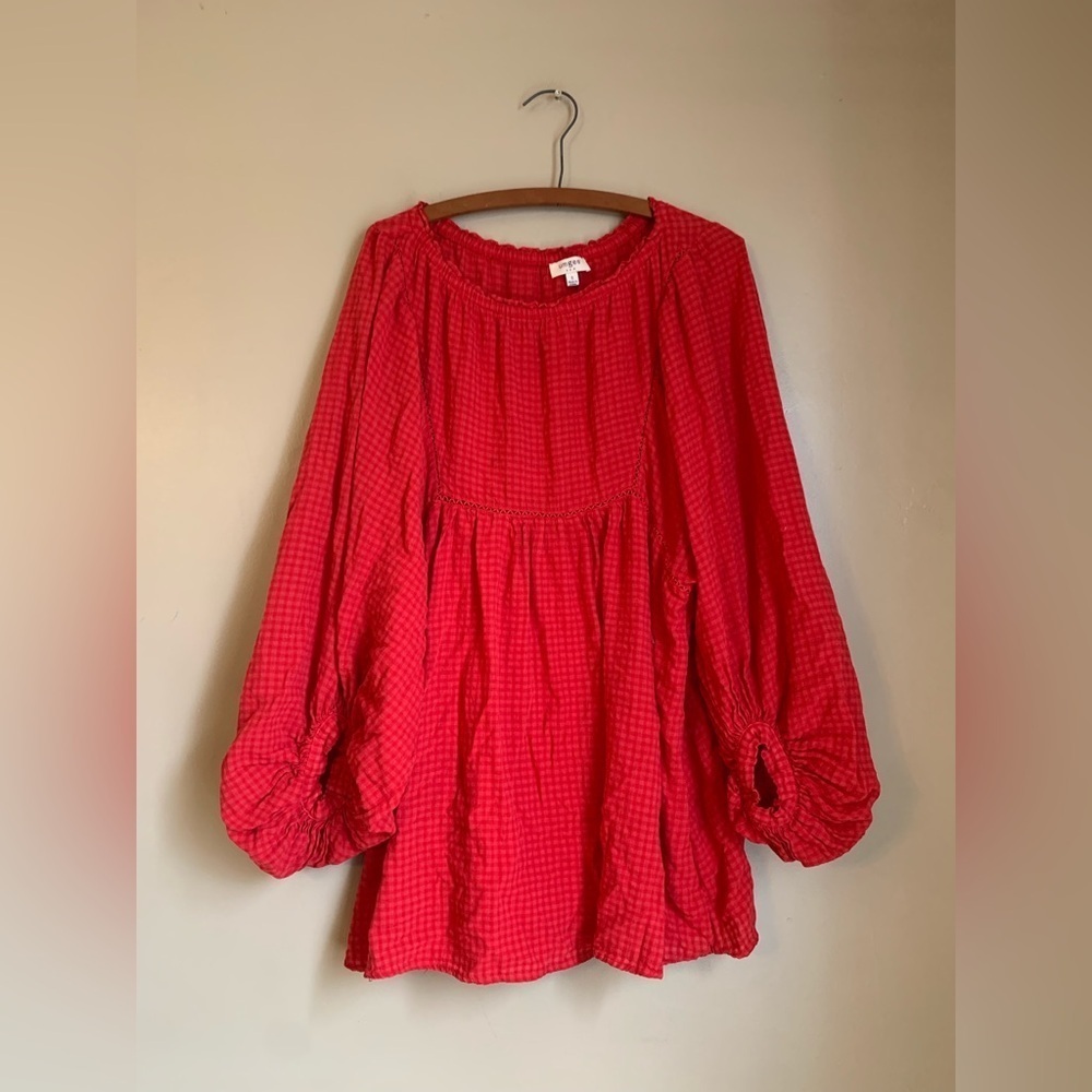 Umgee dress blouse boho, red check long sleeve western cowgirl festival
